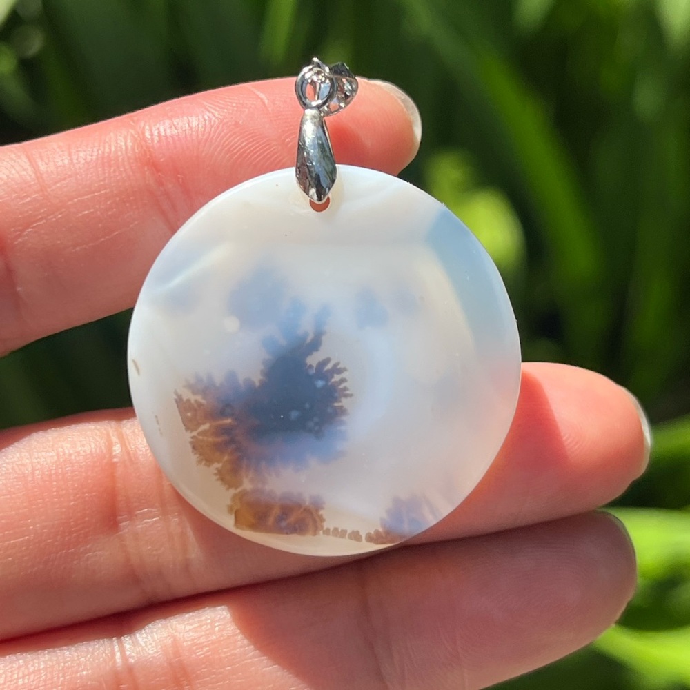 Sterling silver plated dendritic flower agate round‎ pendant 2025